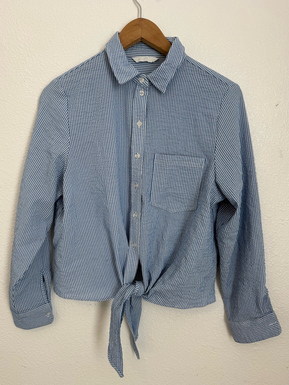 H&M Blue and White Striped Tie-Front Blouse